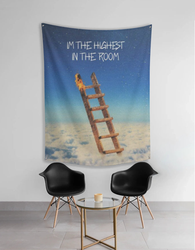 I'm the highest in the room wall tapestry: a starry blue night sky over clouds with a wooden ladder, its top rung on fire, by No Bounds